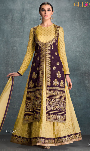 Yellow & Purple Embroidered Banglori Silk Indo Western Suit