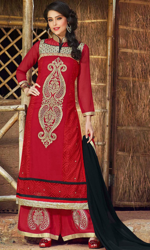 Red Embroidered Georgette Suit with Bottom Work